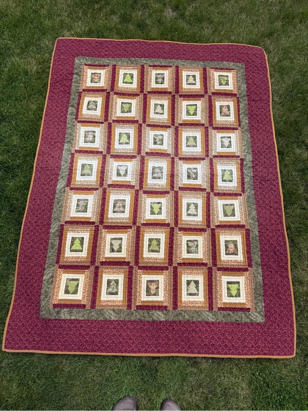 Professionally Made Quilt Trees Maroon Cabin Forest Rustic Throw Cotton 50x69”